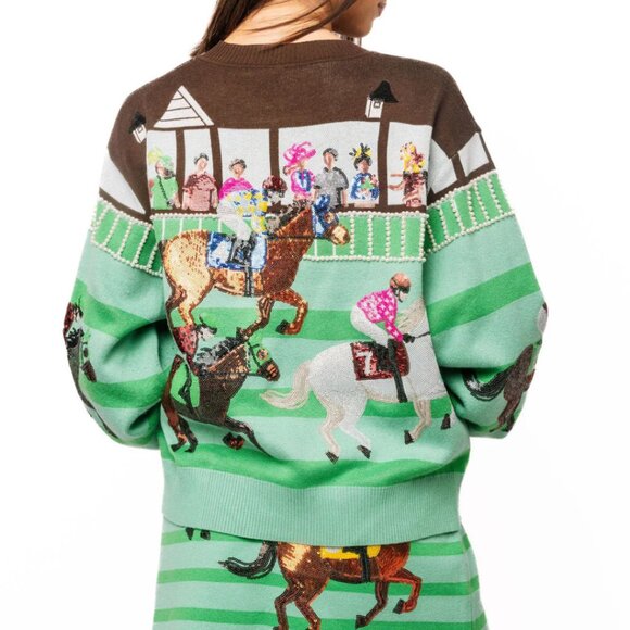 QUEEN OF SPARKLES Multi Derby Race Scene Button Up Cardigan - Picture 2 of 2